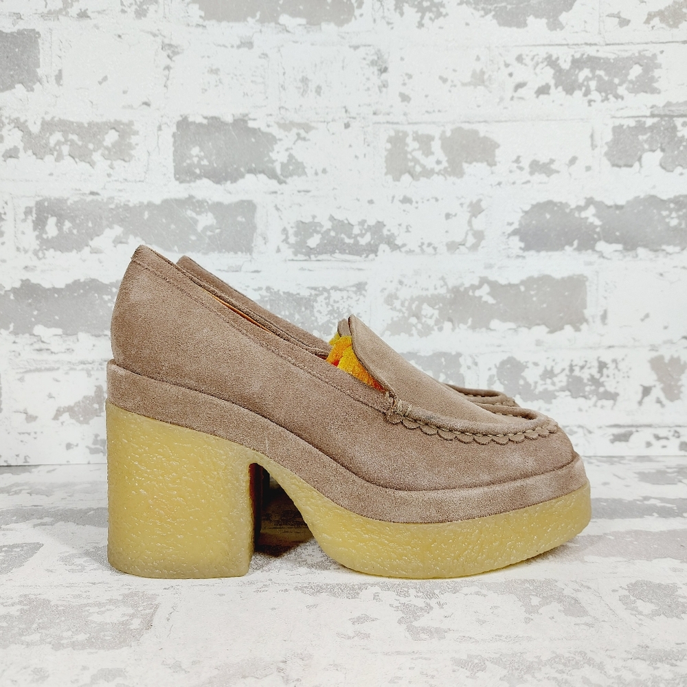 Marc Fisher Taupe Suede Platform Loafers with Yellow Crepe Sole - Picture 6 of 11